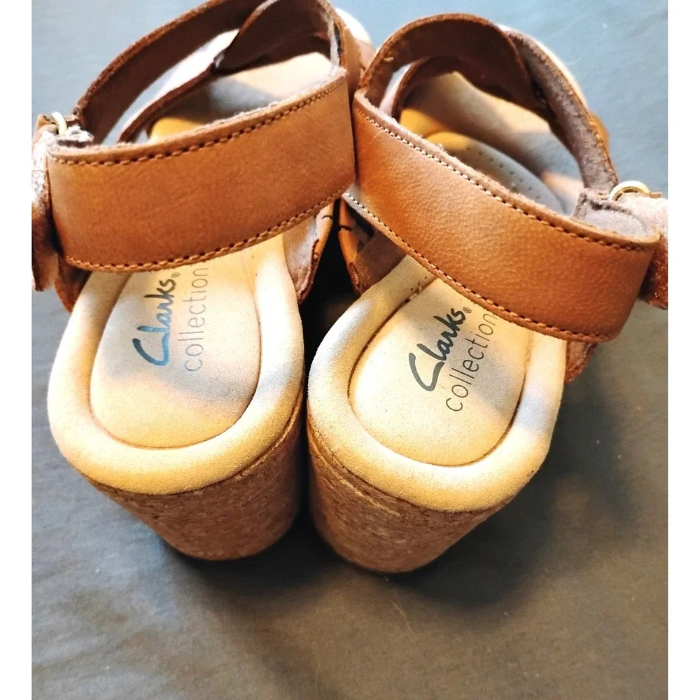 Clarks Collection Giselle Beach Tan Leather Platform Wedge Sandals Sz 8.5 M